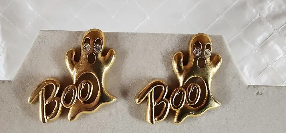 Vintage Avon Gleeful Ghost Boo Halloween Pins Pair Gold Tone Rhinestone Eyes